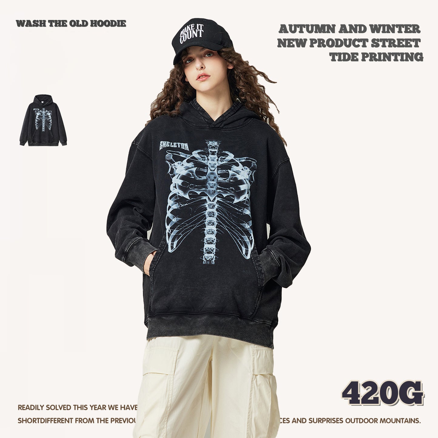 Wash Bone Print Hoodie