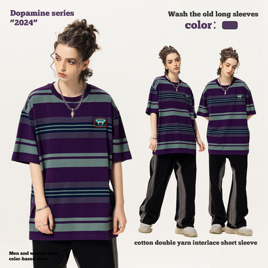 Striped Embroidery Short Sleeve Couple Tees