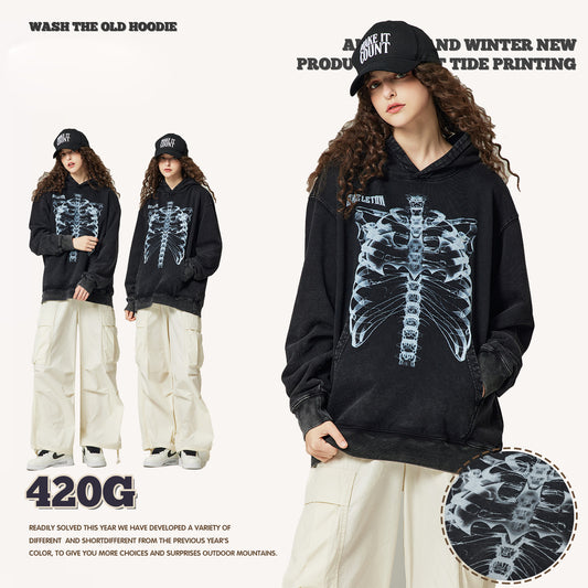 Wash Bone Print Hoodie