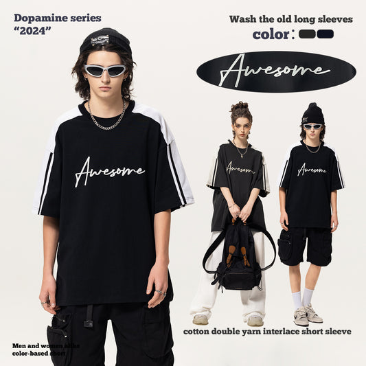 Colorblock Letter Printed Short Sleeve Tee
