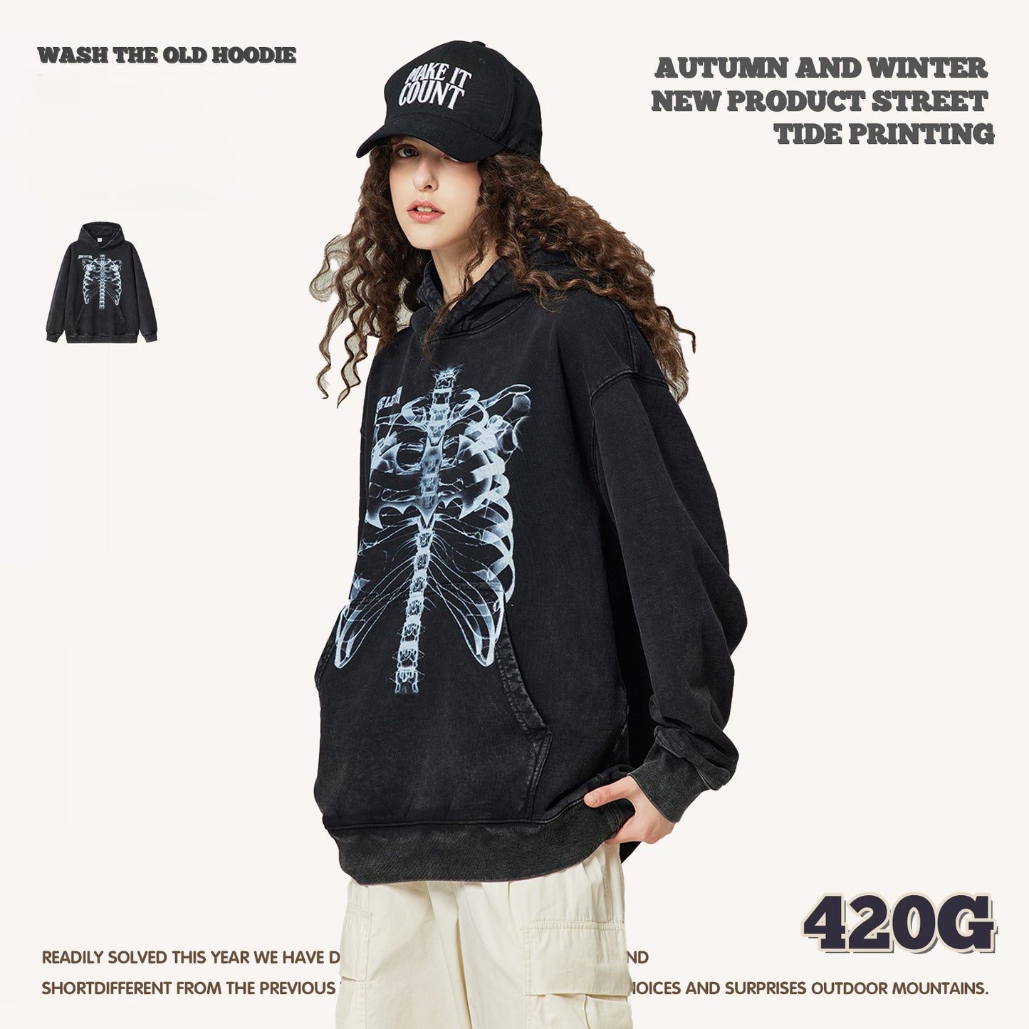 Wash Bone Print Hoodie