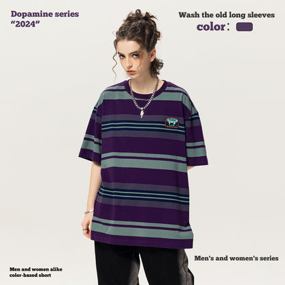 Striped Embroidery Short Sleeve Couple Tees