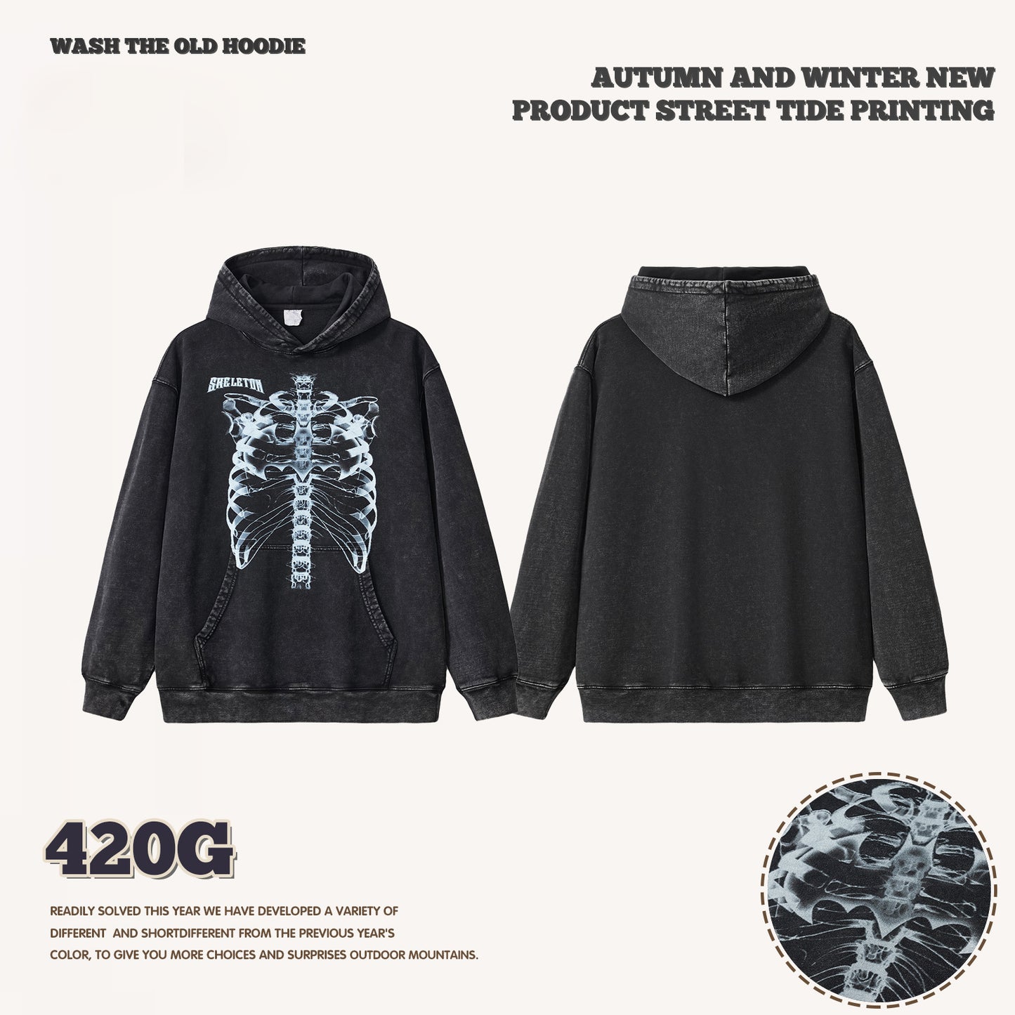 Wash Bone Print Hoodie