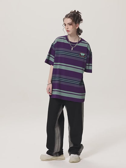Striped Embroidery Short Sleeve Couple Tees